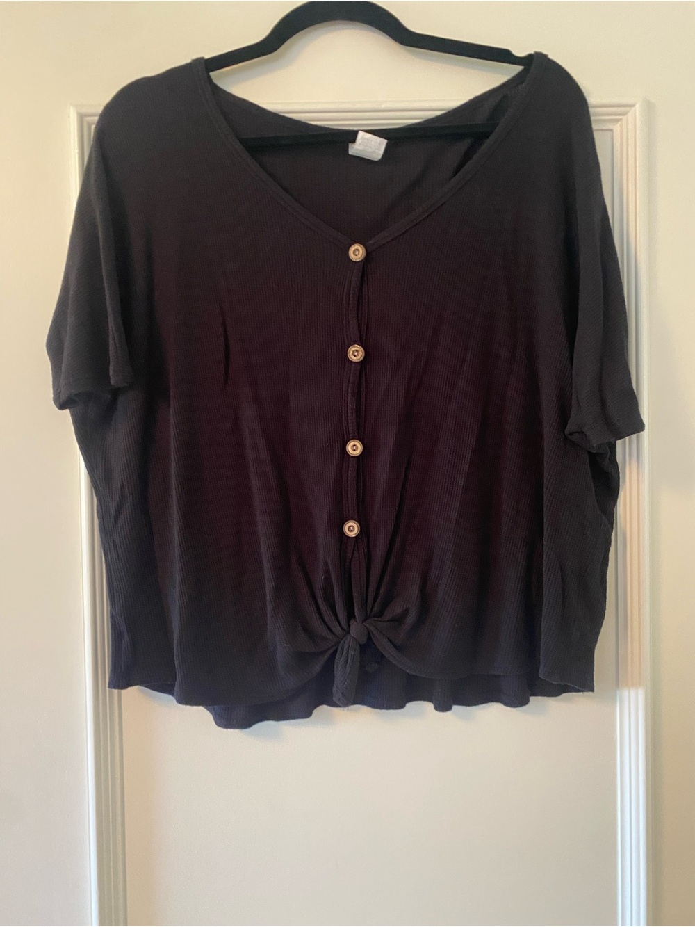 Women's Black Button-Front Knot Tee waffle knit